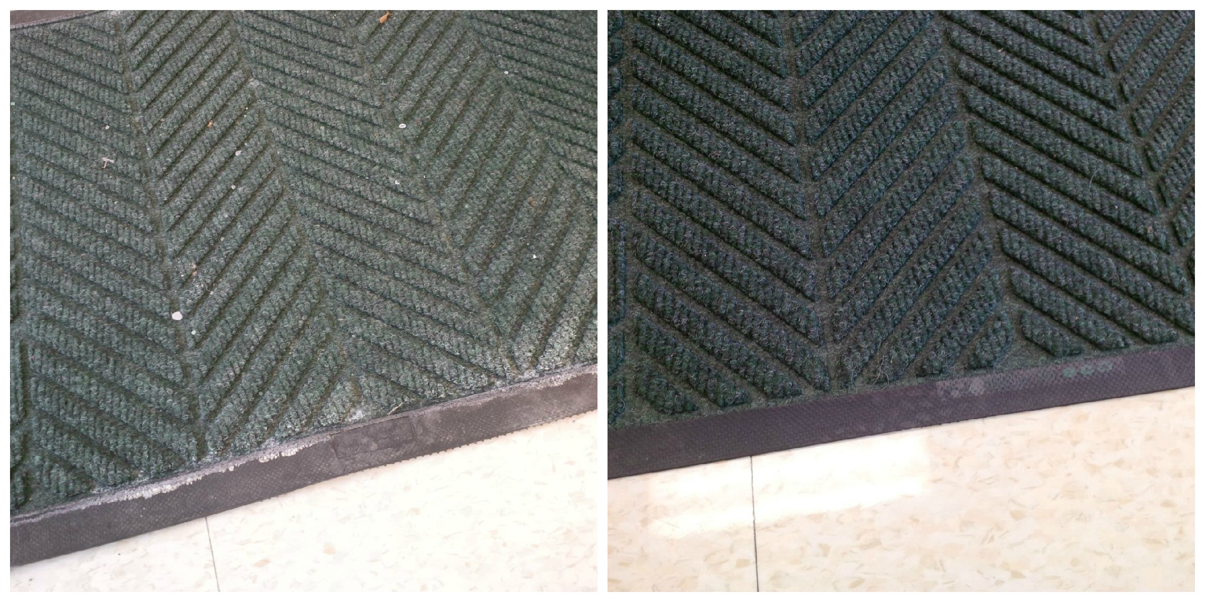 This picture shows the difference winter rinse makes in removing salt stains from entrance matting.